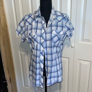 Blue and White Plaid pearl snap